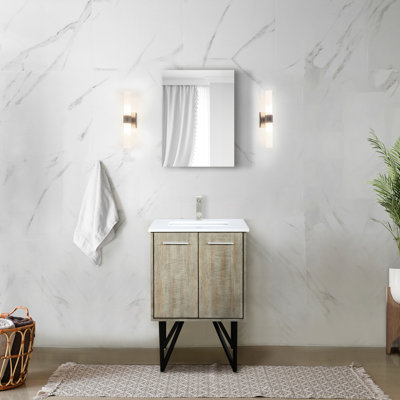 Meuble-lavabo rustique 24 po Large avec comptoir en quartz blanc, plan de robinet en nickel brossé et miroir en forme de 18 tortues pour une surface en W, installation horizontale