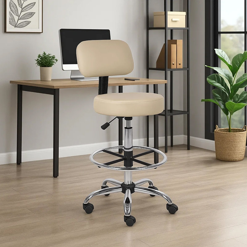 Tabouret de dessinateur médical Fea, vinyle beige, dossier bas et siège rembourré, chrome, Beige