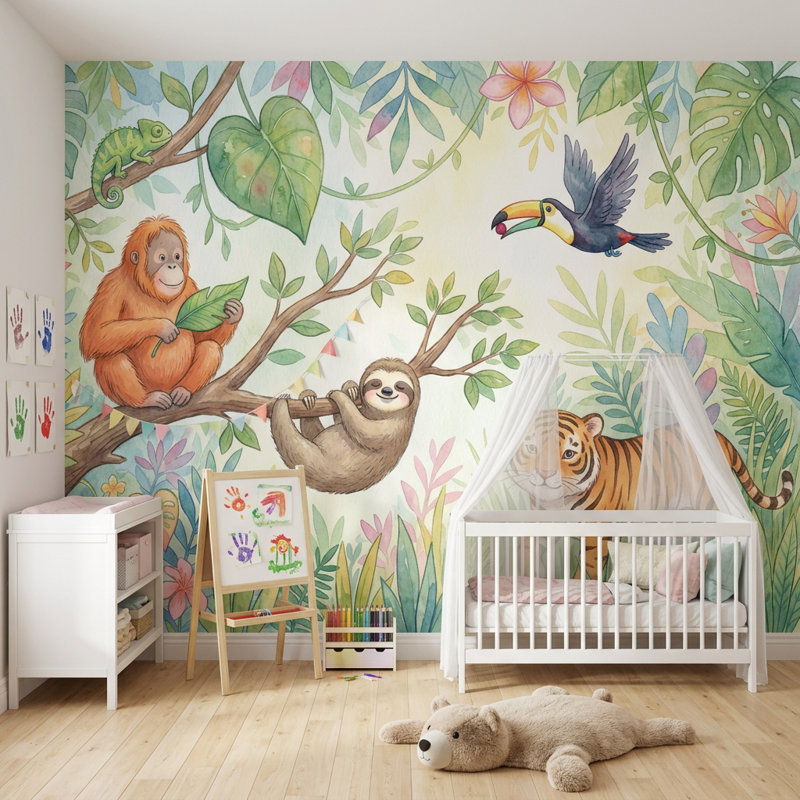 Papier peint jungle tropicale, animaux mignons, aquarelle, 120 po x 96 po, Non tissé