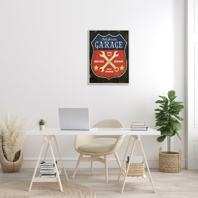 Ae-844 " Full Service Garage Sign Rustic Americana Highway Symbol ", Farmhouse Grey Framed Giclee, 30" H x 24" W x 1.5" D
