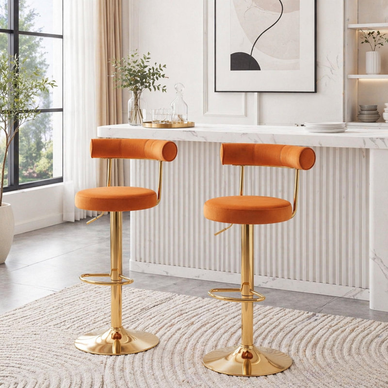 Chaise de bar pivotante rembourrée en velours doux, Orange rouillé + or