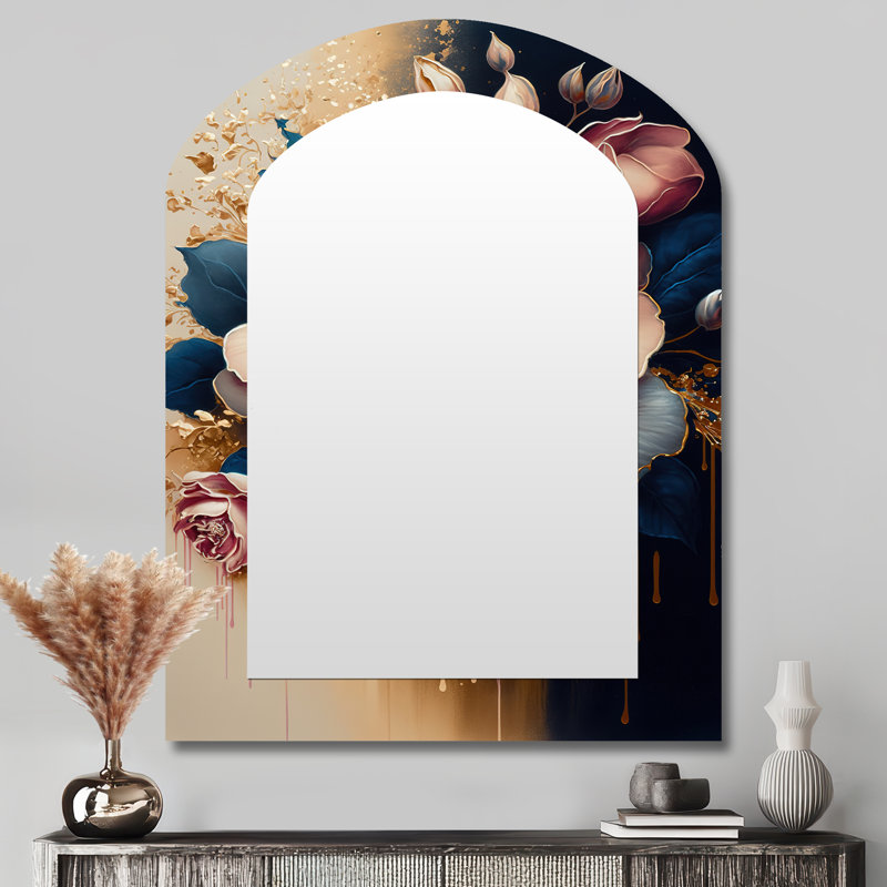 Décadent roses et bleues roses III - grand miroir asymétrique rose, décor de miroir mural unique arche traditionnelle, impression d'art en métal