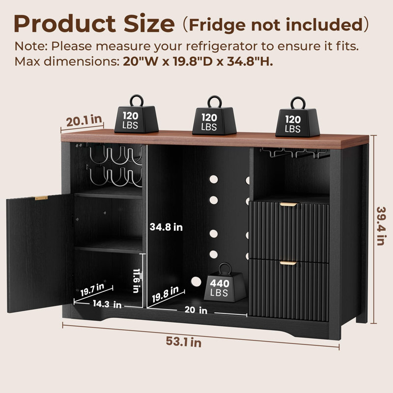 53" L Fluted Coffee Bar Cabinet with Fridge Space & Wine Rack, Black