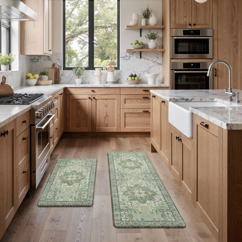 Polyester Anti-Fatigue Non-Skid Kitchen Mat, Green/Beige, Runner 44cm x 150cm