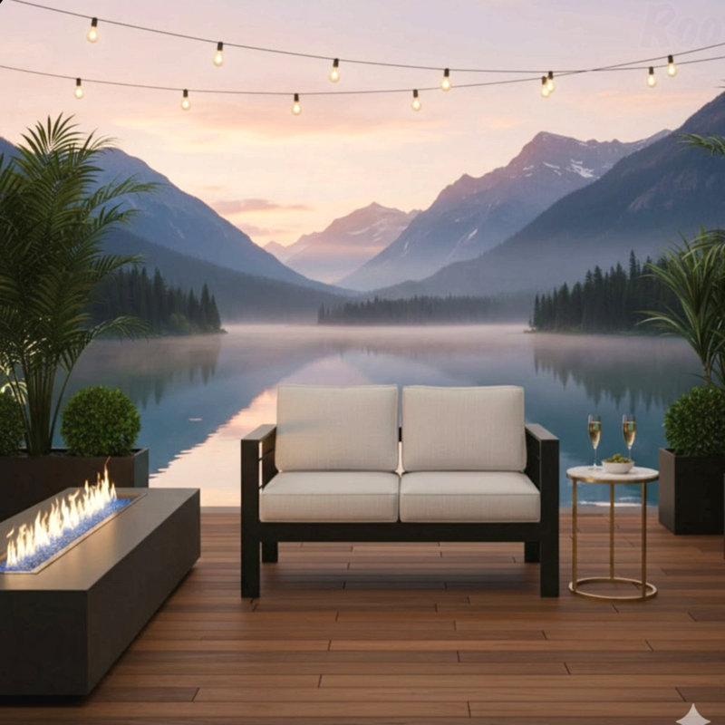 50" All-Weather Aluminum Patio Loveseat With Thick Light Gray Cushions & Black Frame, Gray, Black