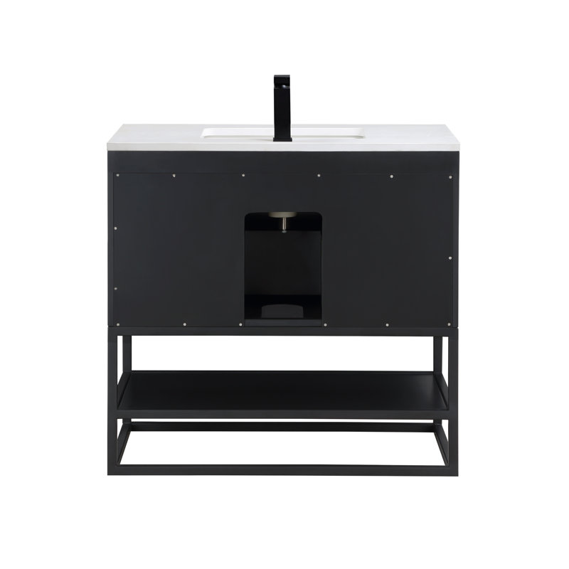Terra 36'' W Single Vanity, White Quartz/Single Faucet Mount, Midnight Black, Matte Black