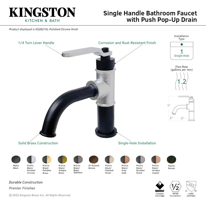 Kingston Brass Whitaker Single-Handle 1-Hole Deck Mount Bathroom Faucet with Push Pop-Up, Matte Black/Black Stainless