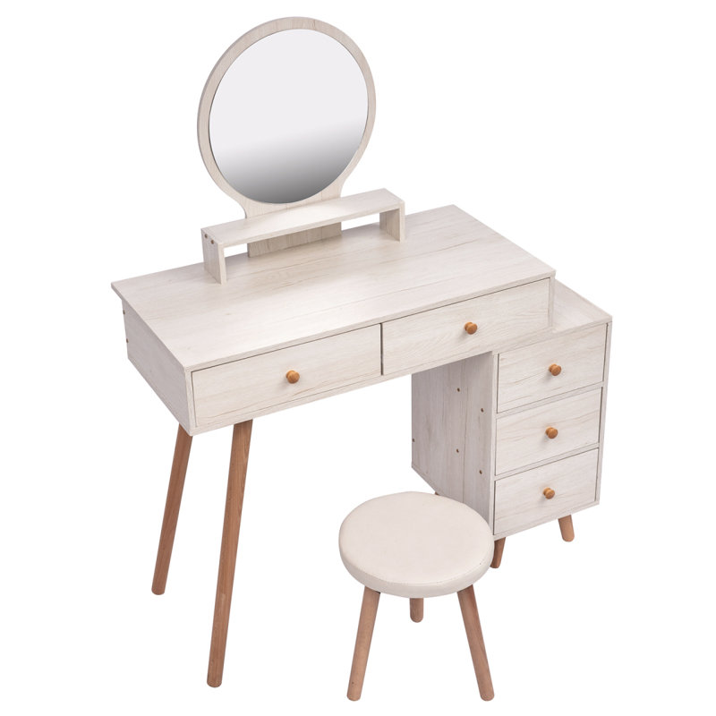 Table de coiffeuse avec tabouret rembourré, armoire de rangement grande capacité, 5 tiroirs, grand miroir rond, meuble de maquillage Fasionable