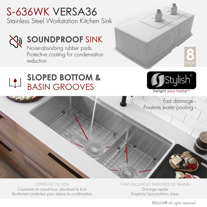 Stylish Versa36 Undermount 36" Double-bowl Workstation Kitchen Sink with Black Accessories