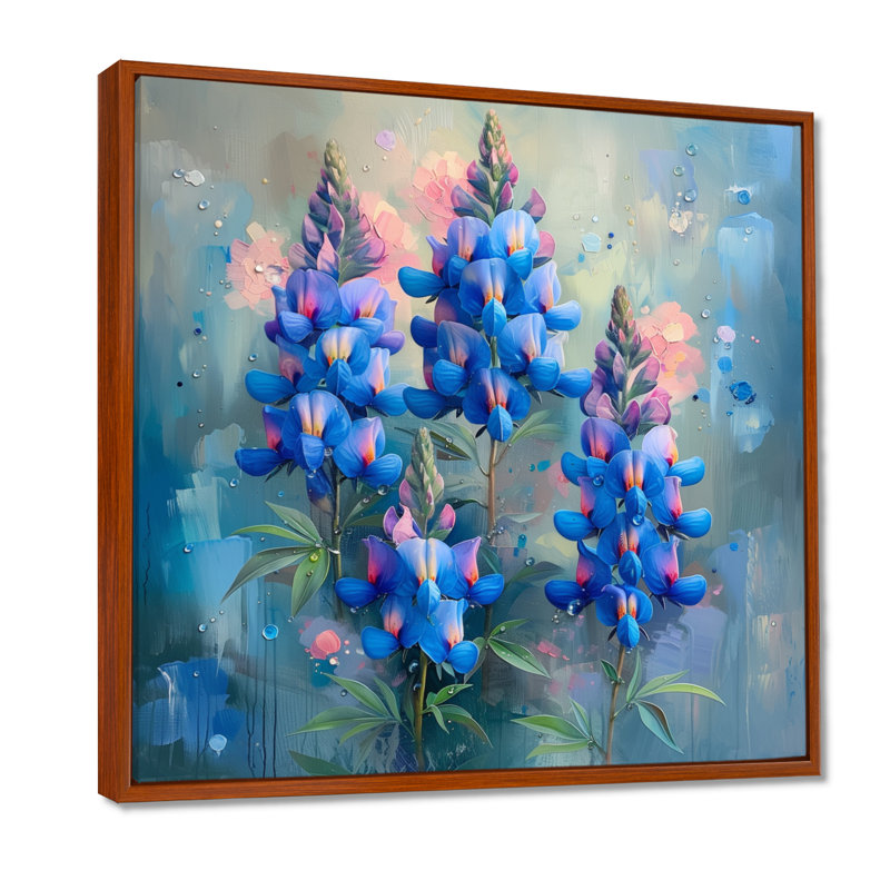 «Blue Pink Morning Dew Blue Bonnets» - décoration murale bonnets bleus, Toile avec cadre flottant brun