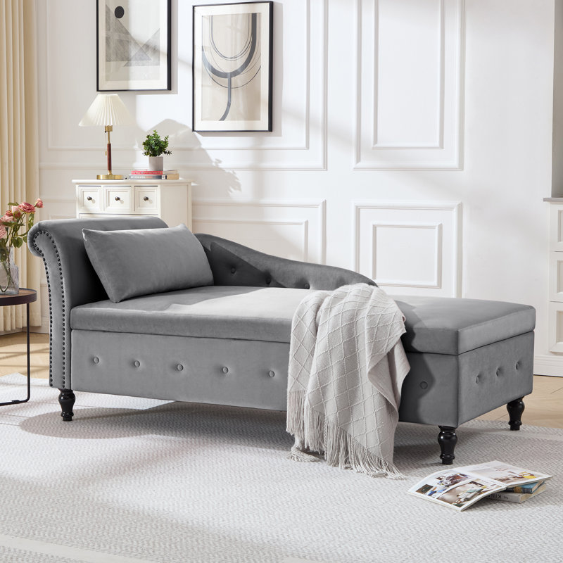 Méridienne surdimensionnée rembourrée en velours avec rangement caché L 74 po Maci, Orienté à droite, Gris foncé