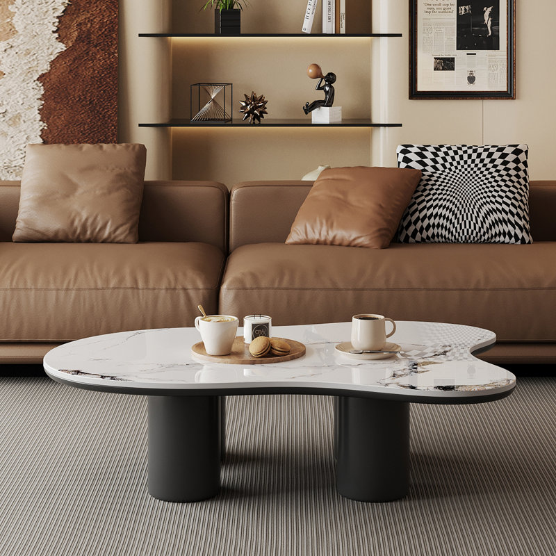 48.4" Modern Irregular Cloud-Shaped Coffee Table - Faux Marble Tabletop & MDF  Cylinder Legs  Stylish Luxury Living Room Center Table Home Decor Furniture