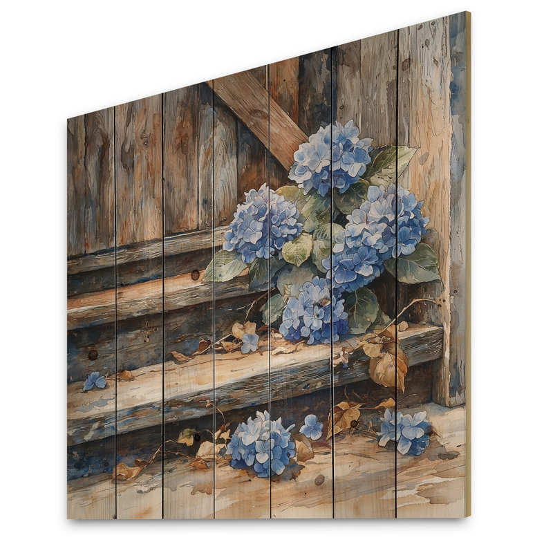 Hortensias sur les marches de grange III - Art mural en bois d'hortensias - sur bois de pin naturel