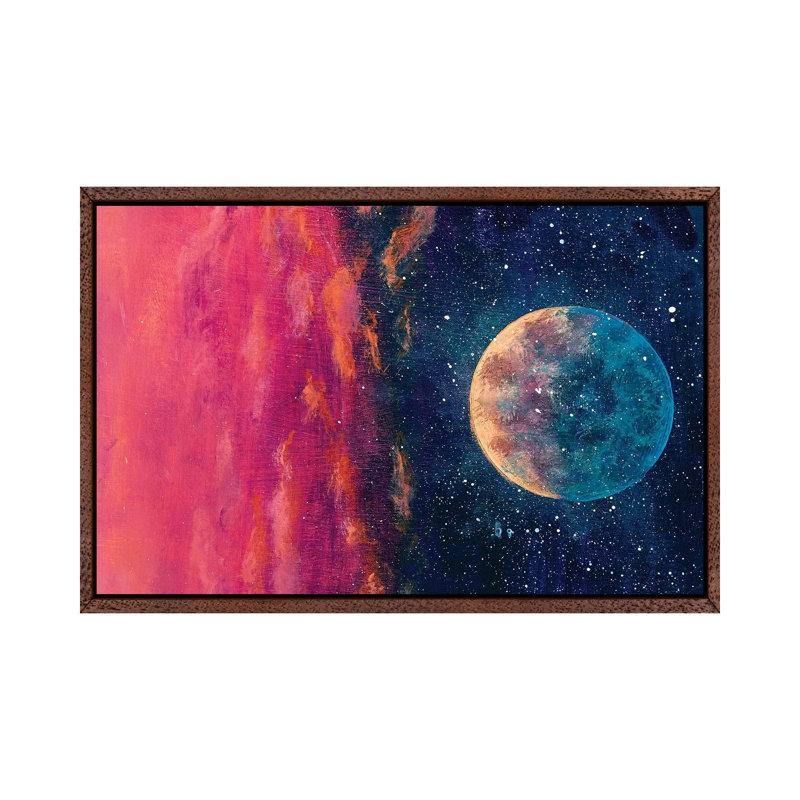 Fantastic Beautiful Big Planet Moon Among Stars In Universe by Valery Rybakow - Painting on Canvas, Classic Brown Wood Framed