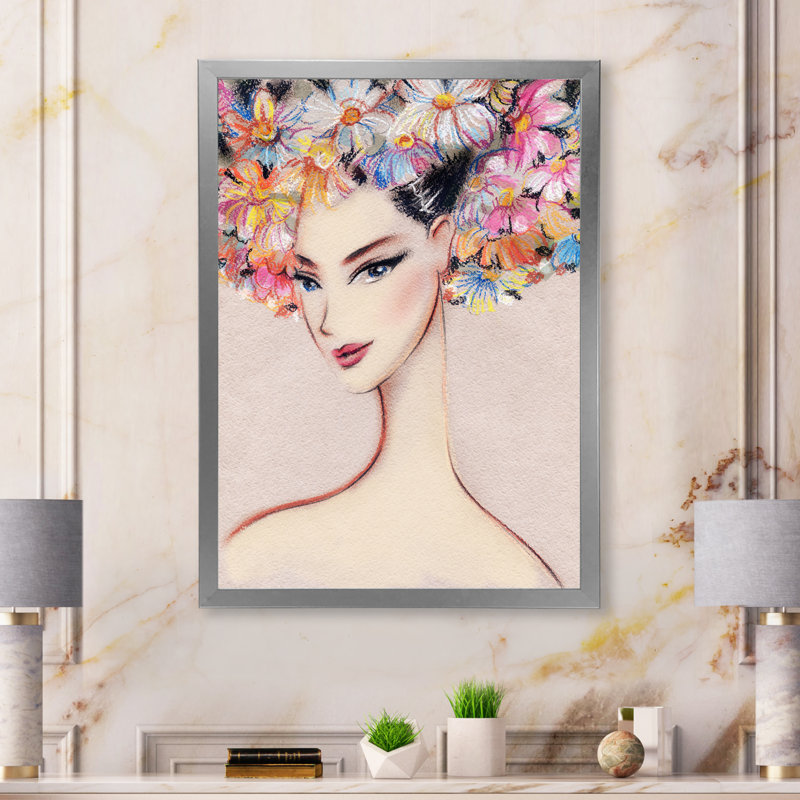 «Floral Fashion Woman Portrait», art mural sur toile Glam, H 36 po x l 24 po x P 1 po, Cadre photo argenté