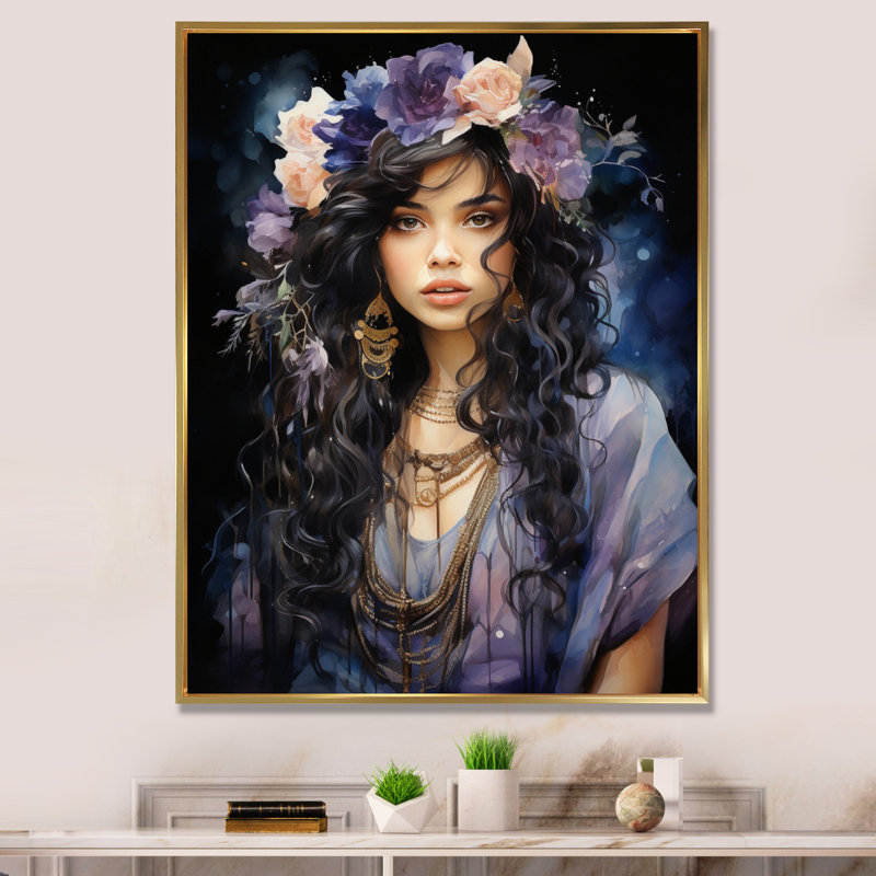 «Boho Latina Mystic Wanderer Woman I», reproduction sur toile, H 32 po x l 16 po x P 1 po, Cadre flottant doré
