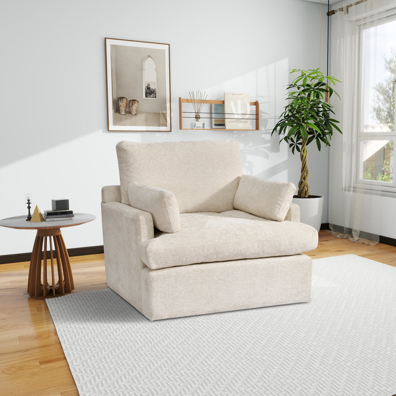 Jaquez 41.5" Wide Transitional Modern Chenille Down Fill Cushions Chair And A Half Armchairs, Beige Chenille