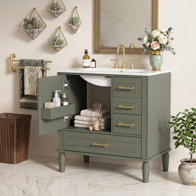 Armoire de meuble-lavabo 30 po avec lavabo en céramique, porte à fermeture en douceur, tiroirs profonds et diviseurs, rangement spacieux