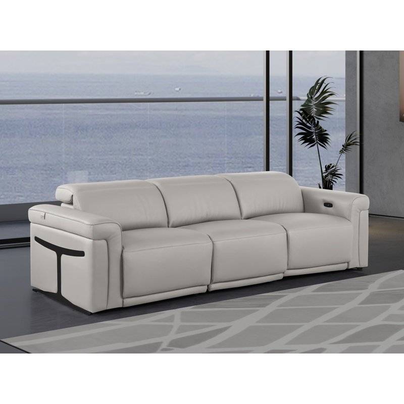 3-Power Seat Reclining Italian Leather Sofa With Power Headrest, Gray