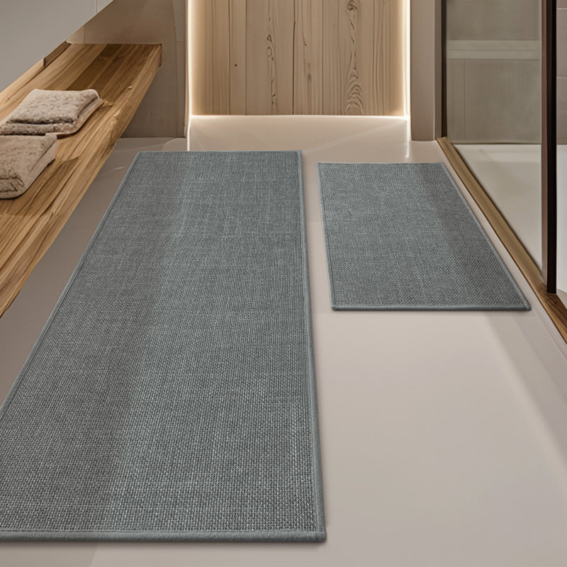 2 Piece Linen-Look Bath Rug Set with Non-Slip Backing, Dark Gray