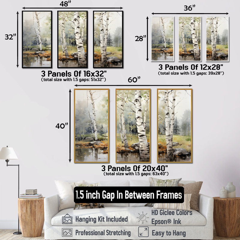 «Green Birch Wood Beauty I - Tree Birch», ensemble d'art sur toile, H 28 po x l 36 po x P 1 po, Cadre flottant doré