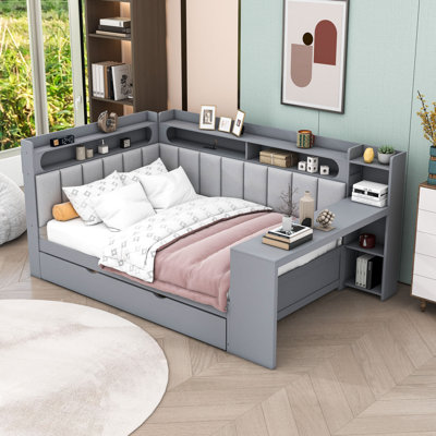 Daybed with Trundle, Storage Shelves, Desk, LED Lights and Charging Station