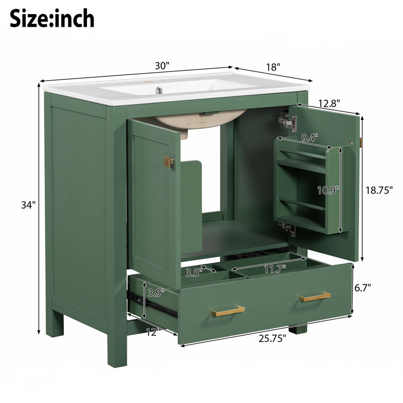 Meuble-lavabo 30 po avec lavabo simple, Vert, Doré