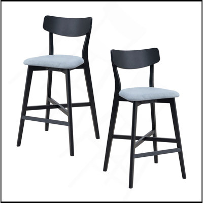Wooden Bar Chairs Set Of 2, Modern Soft Upholstered Kitchen Island Chairs, Counter Height Stool With Backrest,Wooden Frame Chairs With Footrest For Pub,Living Room,Restaurant,Black