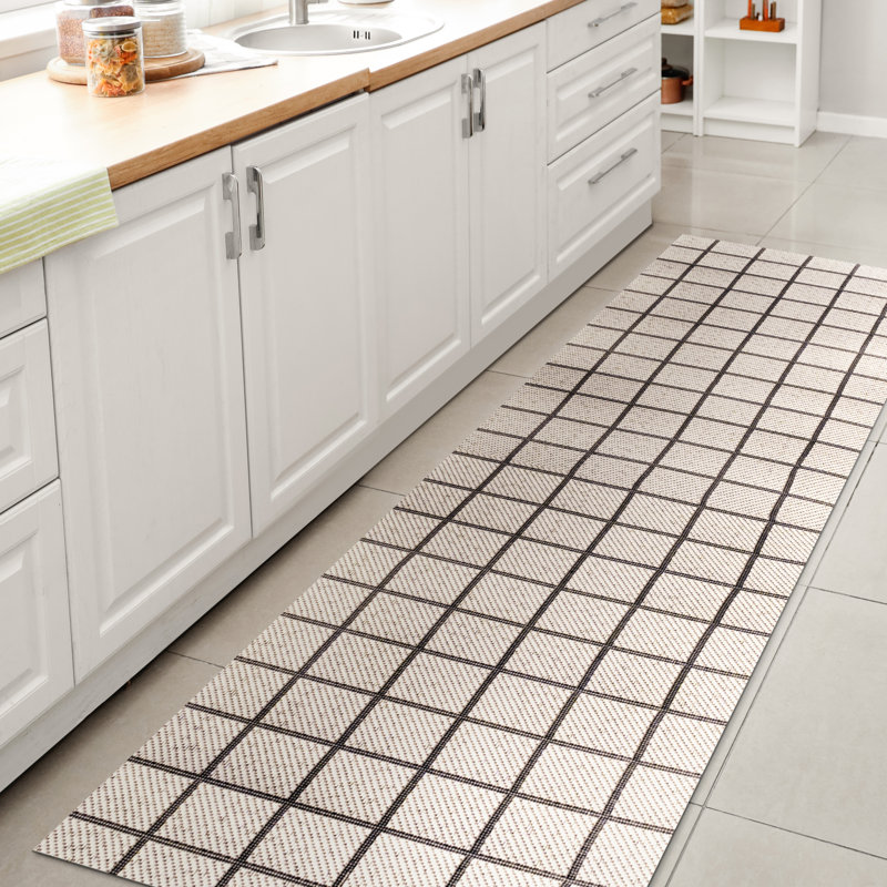 Tapis intérieur / extérieur crème / noir Garnon Grid, Tapis de couloir 2 pi x 8 pi