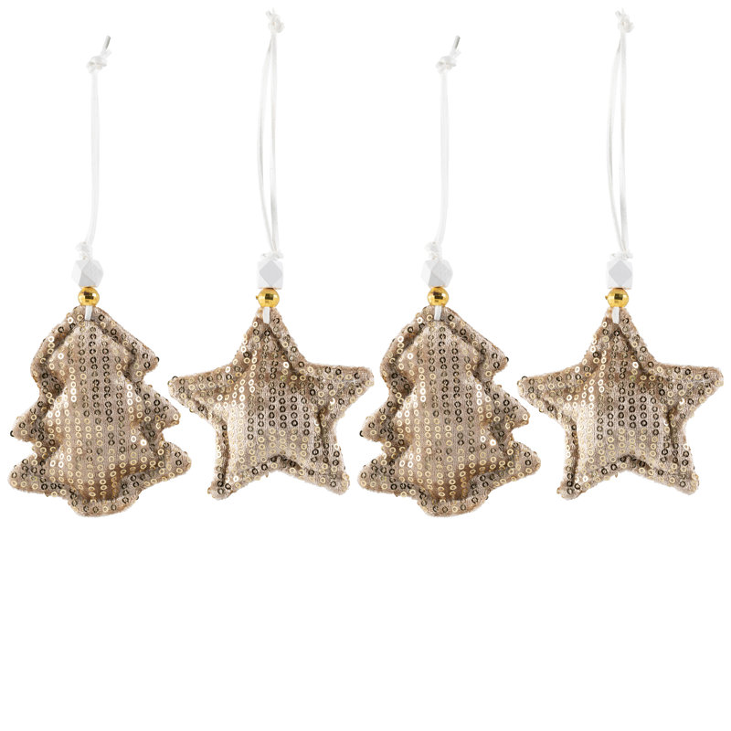 Sequin Stars And Trees Plush Christmas Ornaments - 4" - Set Of 4