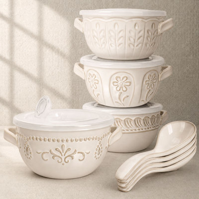 Ensemble de 4 bols à soupe à l'oignon français, glaçure réactive distincte, céramique gaufrée avec couvercles et cuillères, sécuritaire pour le four, rangement couvert pratique pour le ragoût, le chili et les céréales, registre de mariage et cadeau des Fêtes (plusieurs motifs)