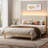 Aadi Corduroy Upholstered Platform Bed with Channel-Tufted Headboard, Modern Queen Bed Frame with Soft Padded Edges and Ambient LED-755949447-755949442