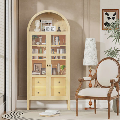 Vaisselier arqué de 72 po de hauteur avec portes en verre et tablettes réglables, armoire de cuisine avec capteur de lumière automatique, armoire de rangement polyvalente avec tiroir caché pour cuisine, salle à manger, grain de bois de chêne original