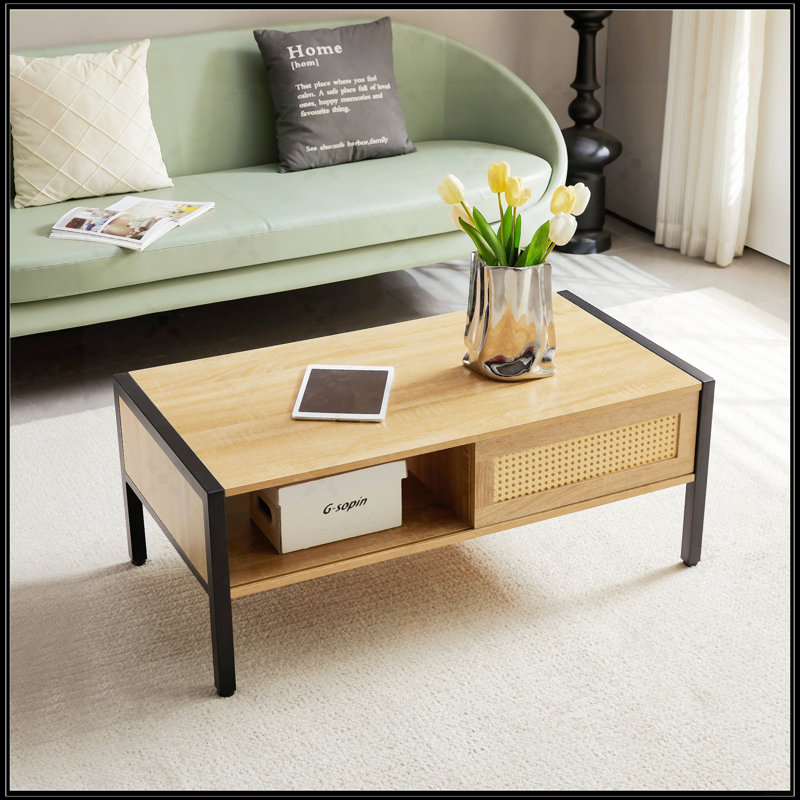 40.16" Rattan Coffee Table, Natural Top/Black Base