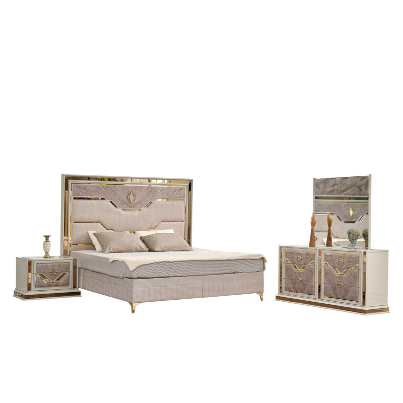 Ensemble de chambre à coucher 4 pièces Sharada, Grand, 4 Pcs: Mirror, Bed, Dresser, Nightstand