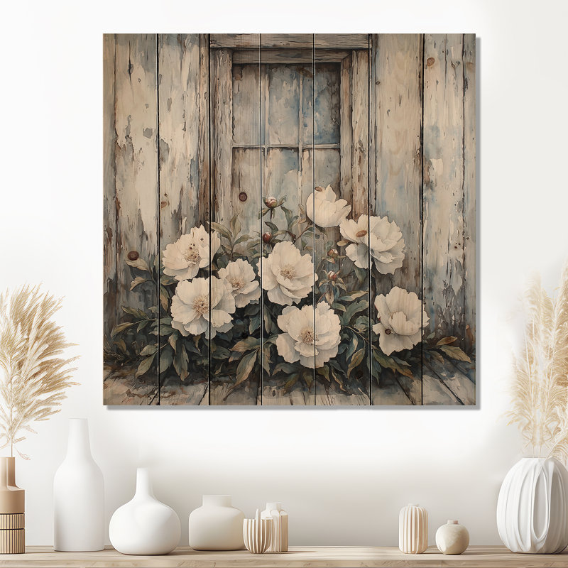 Peonies And The Weathered Barn II - Peonies Wood Wall Art - On Natural Pine Wood, 15" H x 15" W x 0.78" D