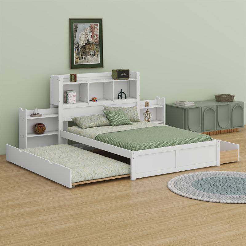 Lit plateforme avec rangement et tablettes coulissantes, lit gigogne et 2 tiroirs, Blanc