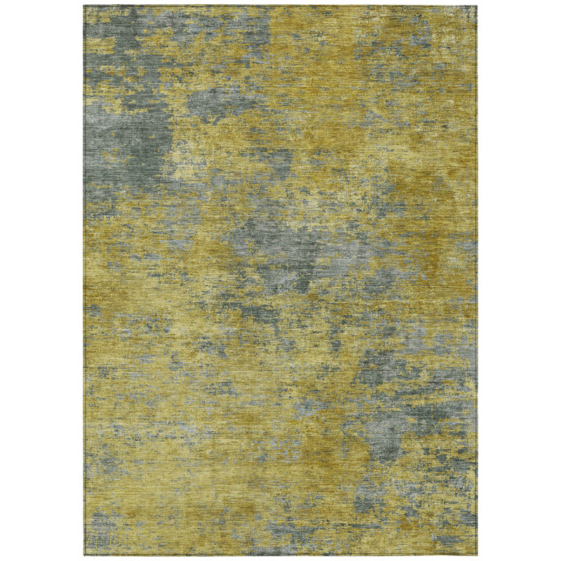 Gold and Gray Abstract Washable Synthetic Rug, 3' x 5'