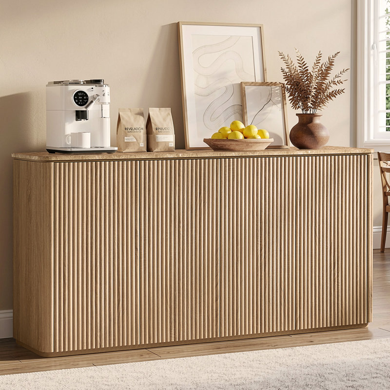 64.5"W Buffet Sideboard, 4-Door Fluted Storage Cabinet With Fluted Round Side Panels And Faux Marble Top, Oak