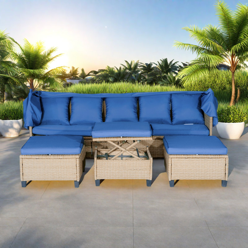 4 Pieces Uv-proof Resin Wicker Patio Sofa Set Included A 4-seat Sofa, 2 Ottomans, A Lifting Table, Retractable Canopy, Cushions And Adjustable Backrest