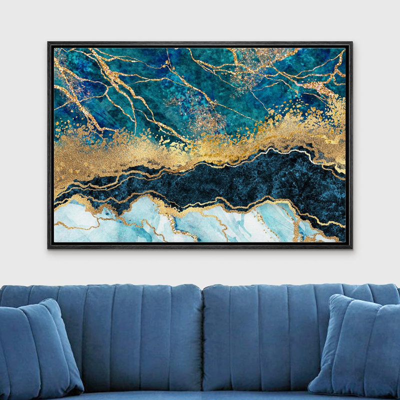 Or et sarcelle marbré foncé, paysage abstrait, formes modernes, sur toile, H 24 po x l 36 po x P 1,5 po, Cadre flottant noir