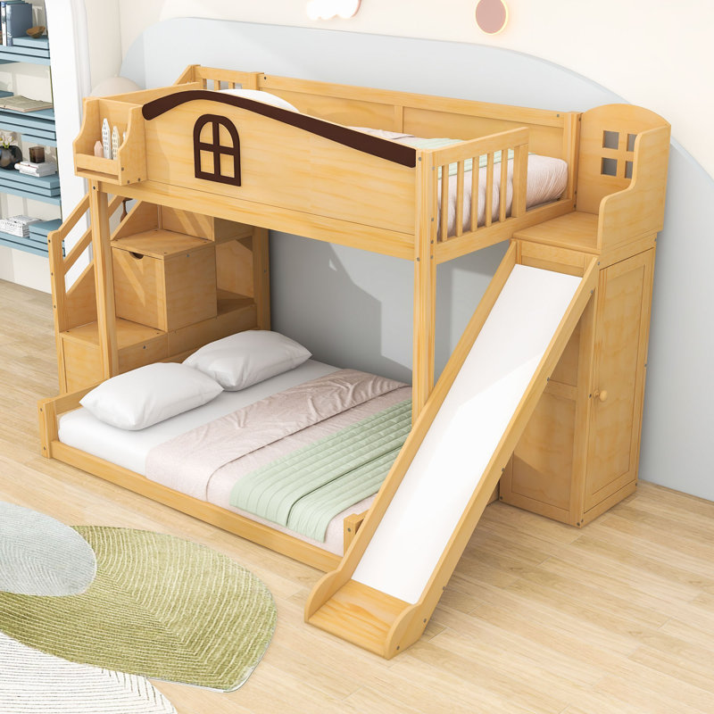 Lit superposé simple au-dessus de double avec glissière, garde-robe et escalier de rangement, Naturel / espresso