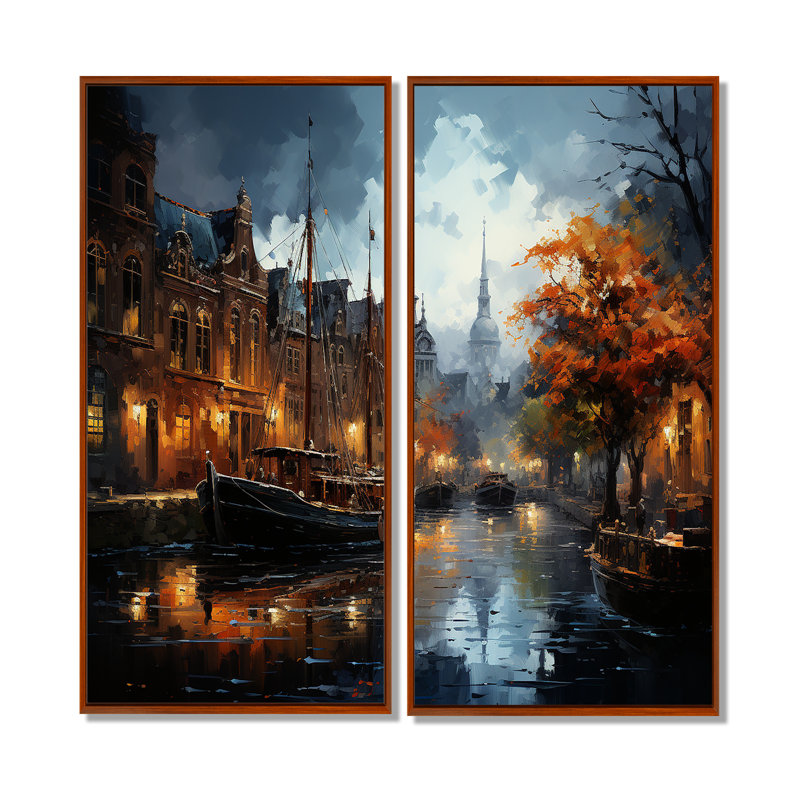 Danemark, Amsterdam, canal, nuit, II - Danemark, ensemble de 2 grandes impressions sur toile, 32" H x 32" W, Brown