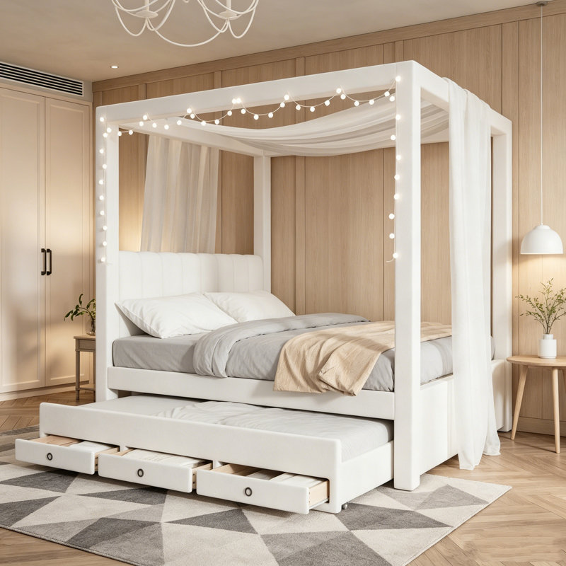 Grand lit plateforme à baldaquin beige avec lit gigogne et 3 tiroirs de rangement