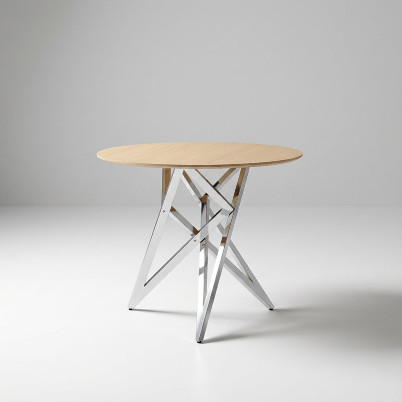 Compact Round Dining Table with Metal Legs, Cast Silver, Natural