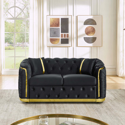 Causeuse Chesterfield de style Mid-Century avec velours italien, décor doré et 2 coussins