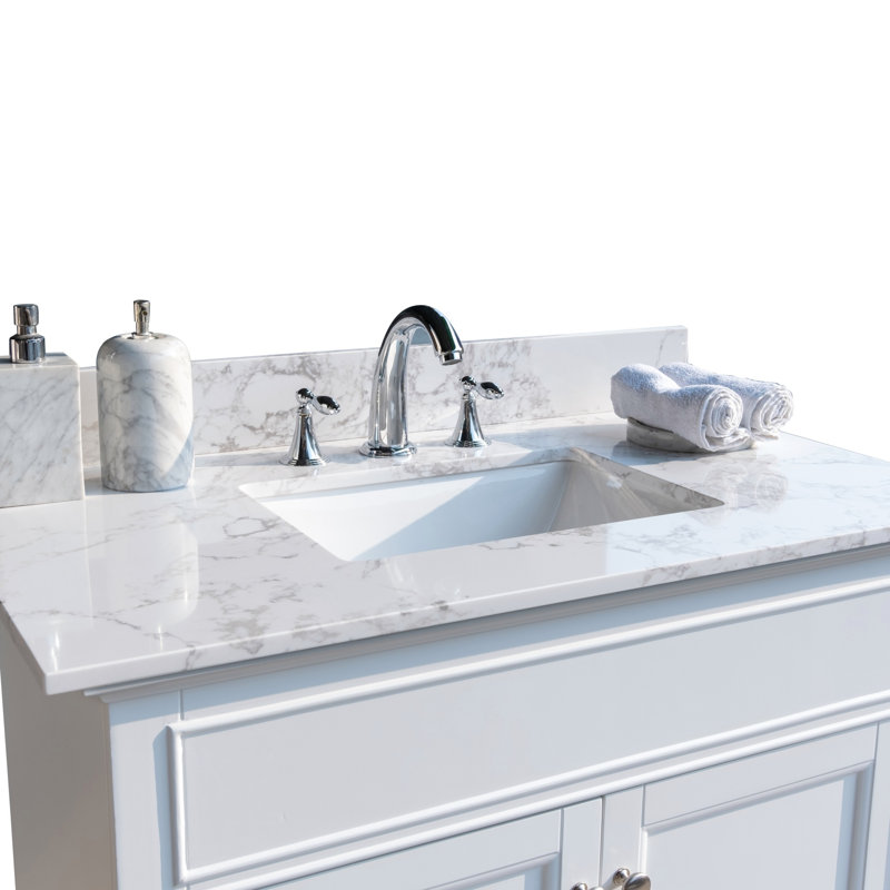 Dessus de meuble-lavabo en pierre de 37 po blanc de style nouveau Carrara avec lavabo rectangulaire encastré en céramique et dosseret avec 3 trous de robinet pour l'armoire de salle de bain