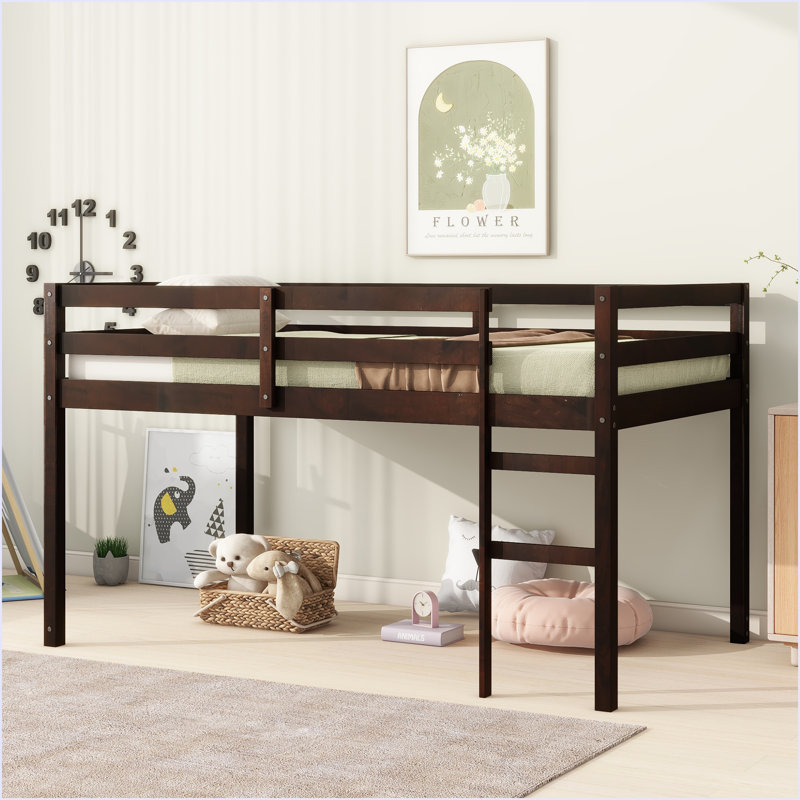 Lit mezzanine simple en bois massif et en bois d'hévéa avec échelle, plateforme de lattes renforcées, Espresso