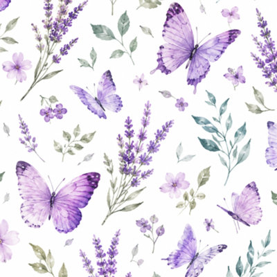 Peel and Stick Wallpaper lavender flowers butterflies watercolor purple floral print Contact Paper Removable Self Adhesive Wall Mural Wall Decor for Bedroom Kitchen Cabinets 17.7in x 118in