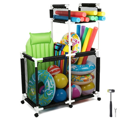 Extra Large Mesh Pool Storage Bin Noodles Holder Toys Organizer Rolling 6 Wheels Double Decker Cart